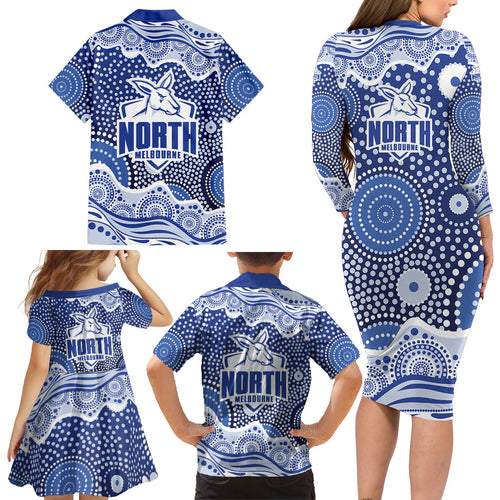 North Melbourne Kangaroos Family Matching Long Sleeve Bodycon Dress and Hawaiian Shirt Aboriginal Dot Pattern - Football Mascot Heritage Pride