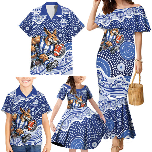North Melbourne Kangaroos Family Matching Mermaid Dress and Hawaiian Shirt Aboriginal Dot Pattern - Football Mascot Heritage Pride