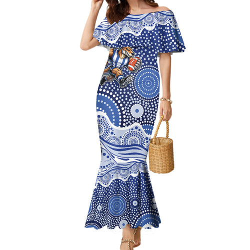 North Melbourne Kangaroos Family Matching Mermaid Dress and Hawaiian Shirt Aboriginal Dot Pattern - Football Mascot Heritage Pride