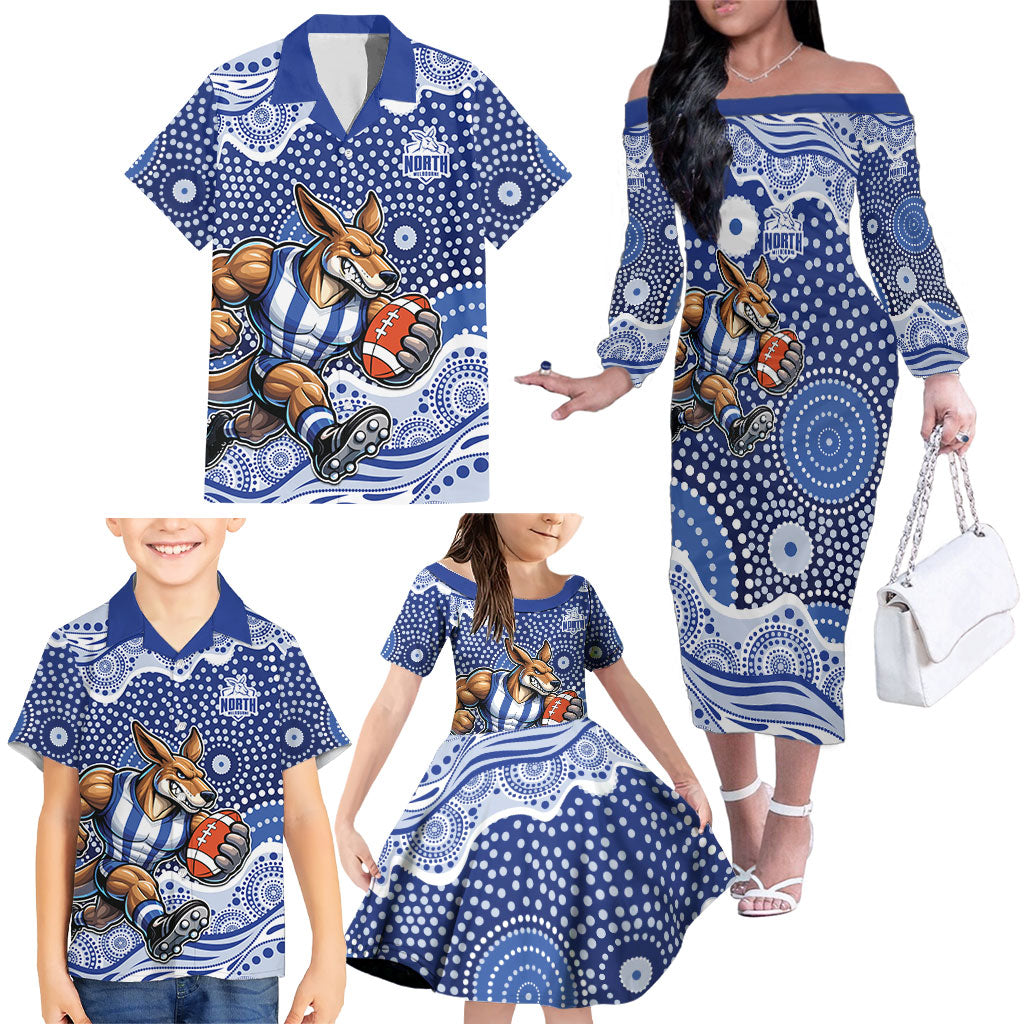North Melbourne Kangaroos Family Matching Off The Shoulder Long Sleeve Dress and Hawaiian Shirt Aboriginal Dot Pattern - Football Mascot Heritage Pride