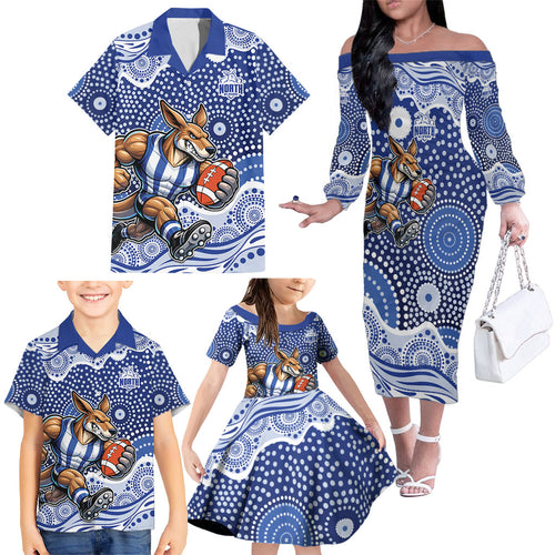 North Melbourne Kangaroos Family Matching Off The Shoulder Long Sleeve Dress and Hawaiian Shirt Aboriginal Dot Pattern - Football Mascot Heritage Pride