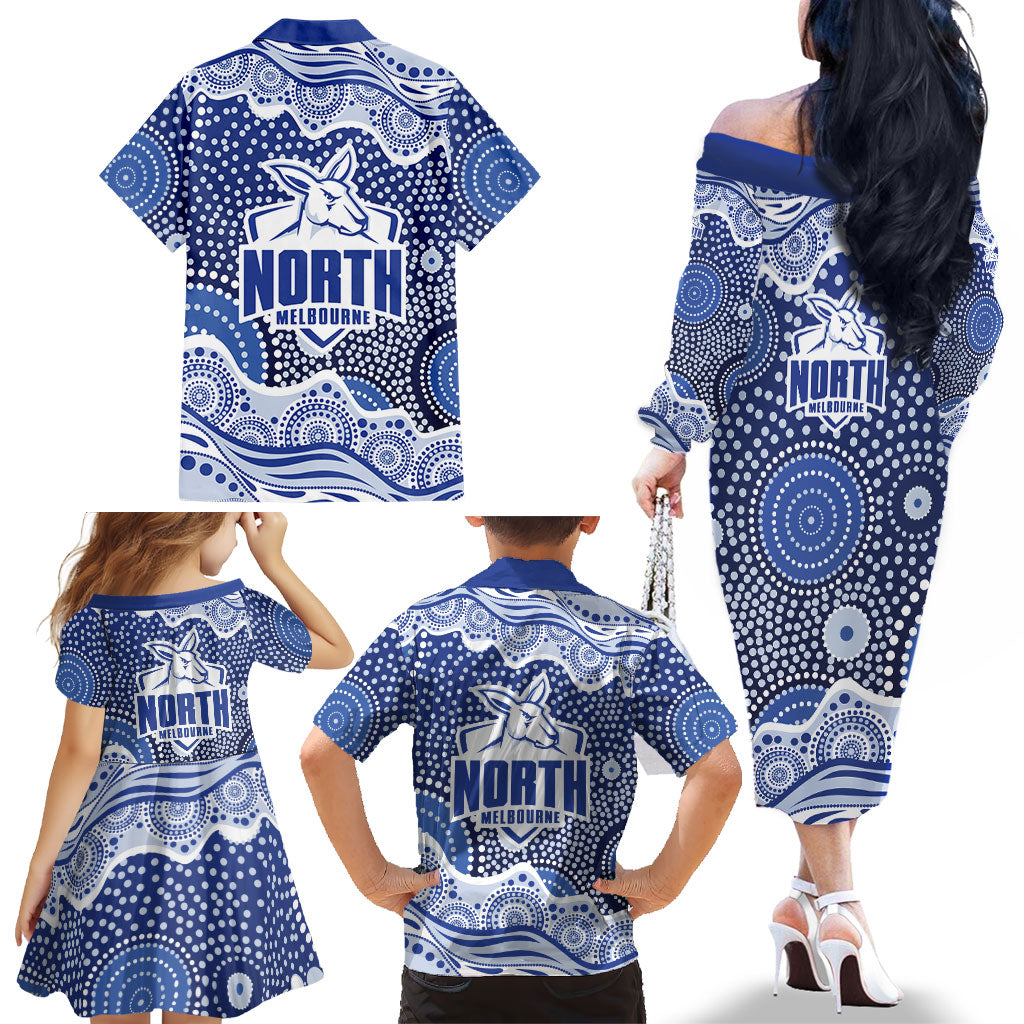 North Melbourne Kangaroos Family Matching Off The Shoulder Long Sleeve Dress and Hawaiian Shirt Aboriginal Dot Pattern - Football Mascot Heritage Pride