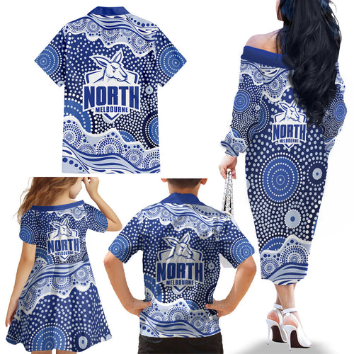 North Melbourne Kangaroos Family Matching Off The Shoulder Long Sleeve Dress and Hawaiian Shirt Aboriginal Dot Pattern - Football Mascot Heritage Pride