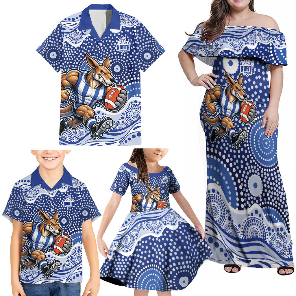 North Melbourne Kangaroos Family Matching Off Shoulder Maxi Dress and Hawaiian Shirt Aboriginal Dot Pattern - Football Mascot Heritage Pride