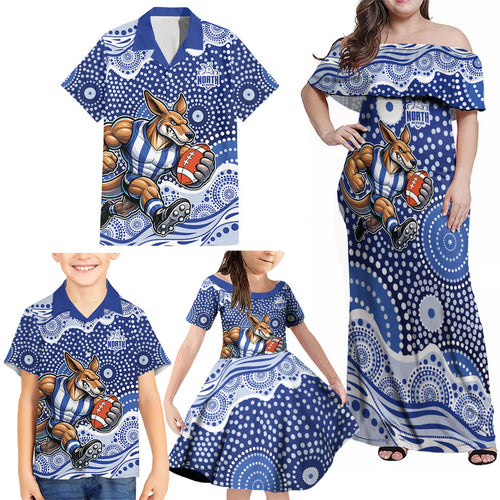North Melbourne Kangaroos Family Matching Off Shoulder Maxi Dress and Hawaiian Shirt Aboriginal Dot Pattern - Football Mascot Heritage Pride