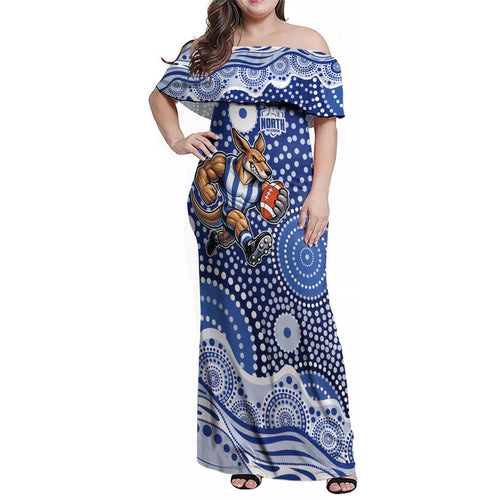 North Melbourne Kangaroos Family Matching Off Shoulder Maxi Dress and Hawaiian Shirt Aboriginal Dot Pattern - Football Mascot Heritage Pride