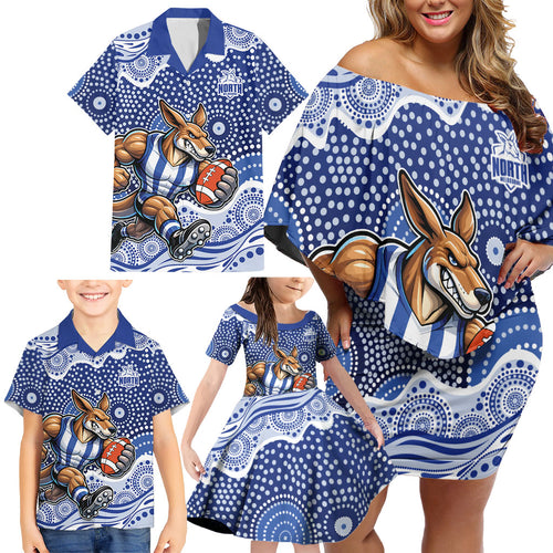 North Melbourne Kangaroos Family Matching Off Shoulder Short Dress and Hawaiian Shirt Aboriginal Dot Pattern - Football Mascot Heritage Pride