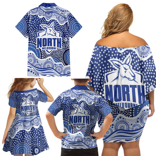 North Melbourne Kangaroos Family Matching Off Shoulder Short Dress and Hawaiian Shirt Aboriginal Dot Pattern - Football Mascot Heritage Pride