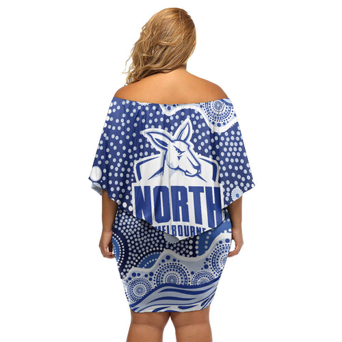 North Melbourne Kangaroos Family Matching Off Shoulder Short Dress and Hawaiian Shirt Aboriginal Dot Pattern - Football Mascot Heritage Pride