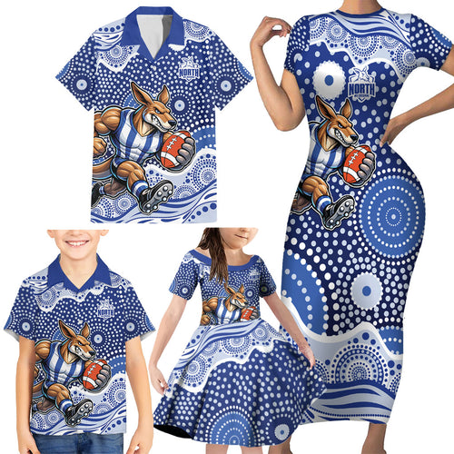 North Melbourne Kangaroos Family Matching Short Sleeve Bodycon Dress and Hawaiian Shirt Aboriginal Dot Pattern - Football Mascot Heritage Pride