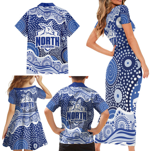 North Melbourne Kangaroos Family Matching Short Sleeve Bodycon Dress and Hawaiian Shirt Aboriginal Dot Pattern - Football Mascot Heritage Pride