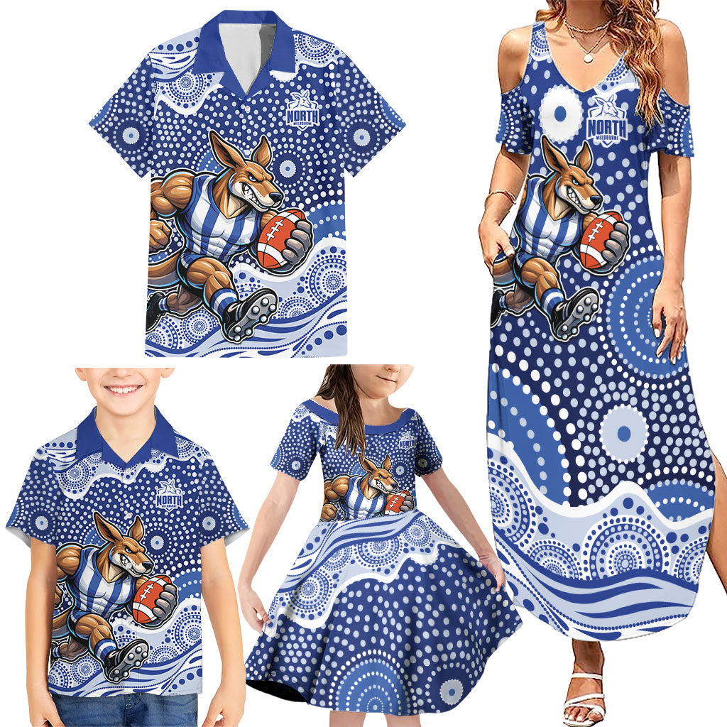 North Melbourne Kangaroos Family Matching Summer Maxi Dress and Hawaiian Shirt Aboriginal Dot Pattern - Football Mascot Heritage Pride