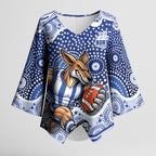 North Melbourne Kangaroos Kimono Sleeve Blouse Aboriginal Dot Pattern - Football Mascot Heritage Pride