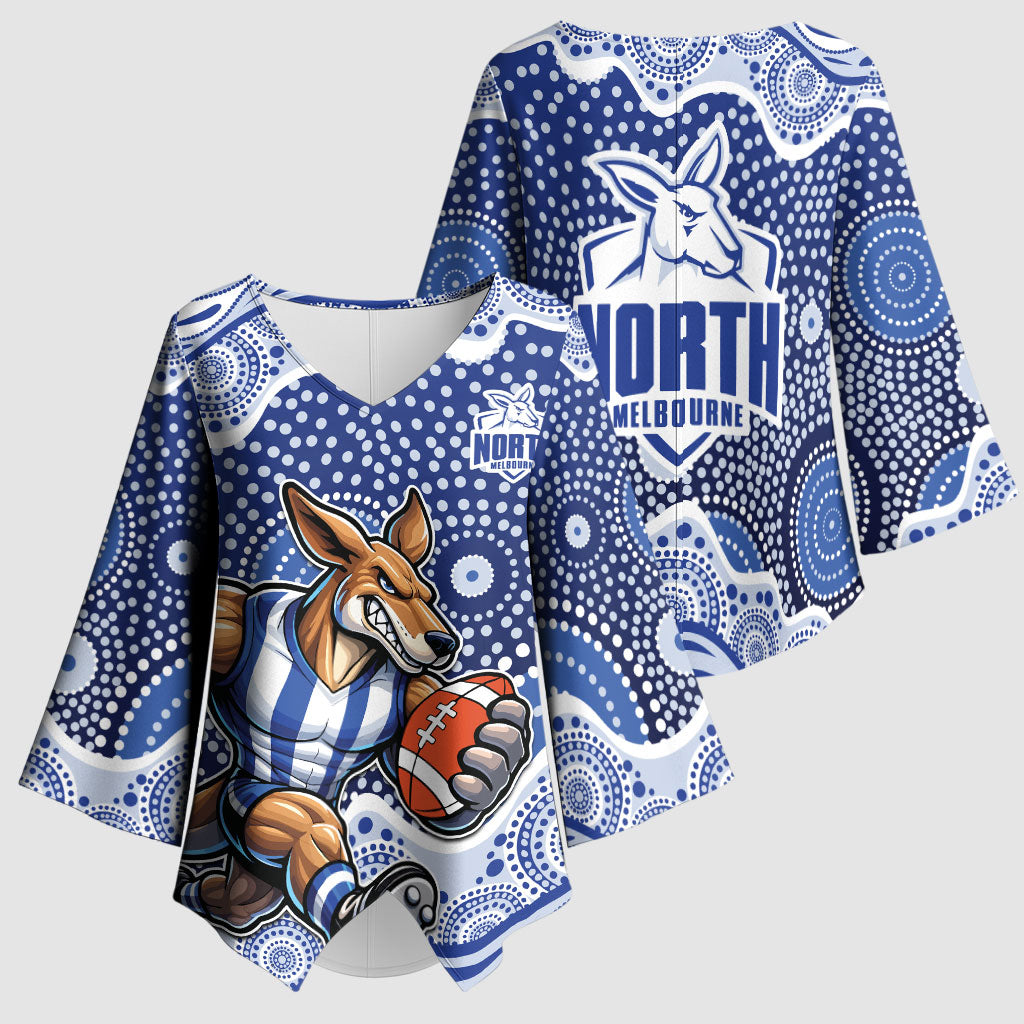 North Melbourne Kangaroos Kimono Sleeve Blouse Aboriginal Dot Pattern - Football Mascot Heritage Pride