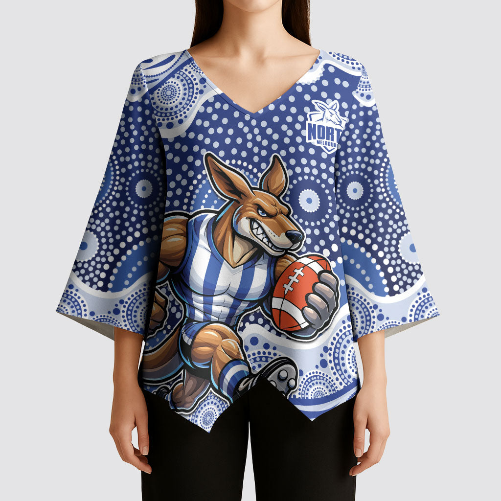 North Melbourne Kangaroos Kimono Sleeve Blouse Aboriginal Dot Pattern - Football Mascot Heritage Pride