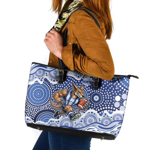 North Melbourne Kangaroos Leather Tote Bag Aboriginal Dot Pattern - Football Mascot Heritage Pride