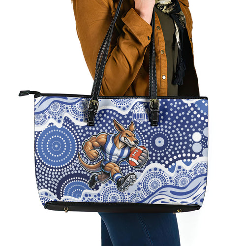 North Melbourne Kangaroos Leather Tote Bag Aboriginal Dot Pattern - Football Mascot Heritage Pride