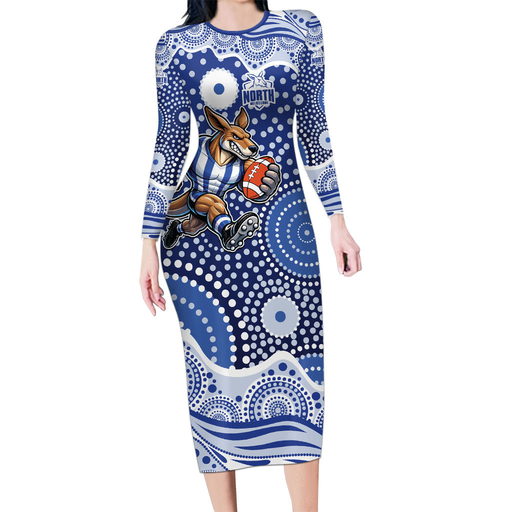 North Melbourne Kangaroos Long Sleeve Bodycon Dress Aboriginal Dot Pattern - Football Mascot Heritage Pride