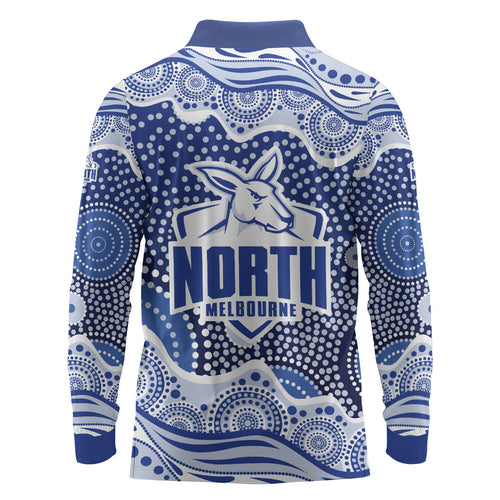 North Melbourne Kangaroos Long Sleeve Polo Shirt Aboriginal Dot Pattern - Football Mascot Heritage Pride