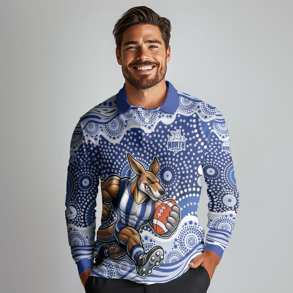 North Melbourne Kangaroos Long Sleeve Polo Shirt Aboriginal Dot Pattern - Football Mascot Heritage Pride