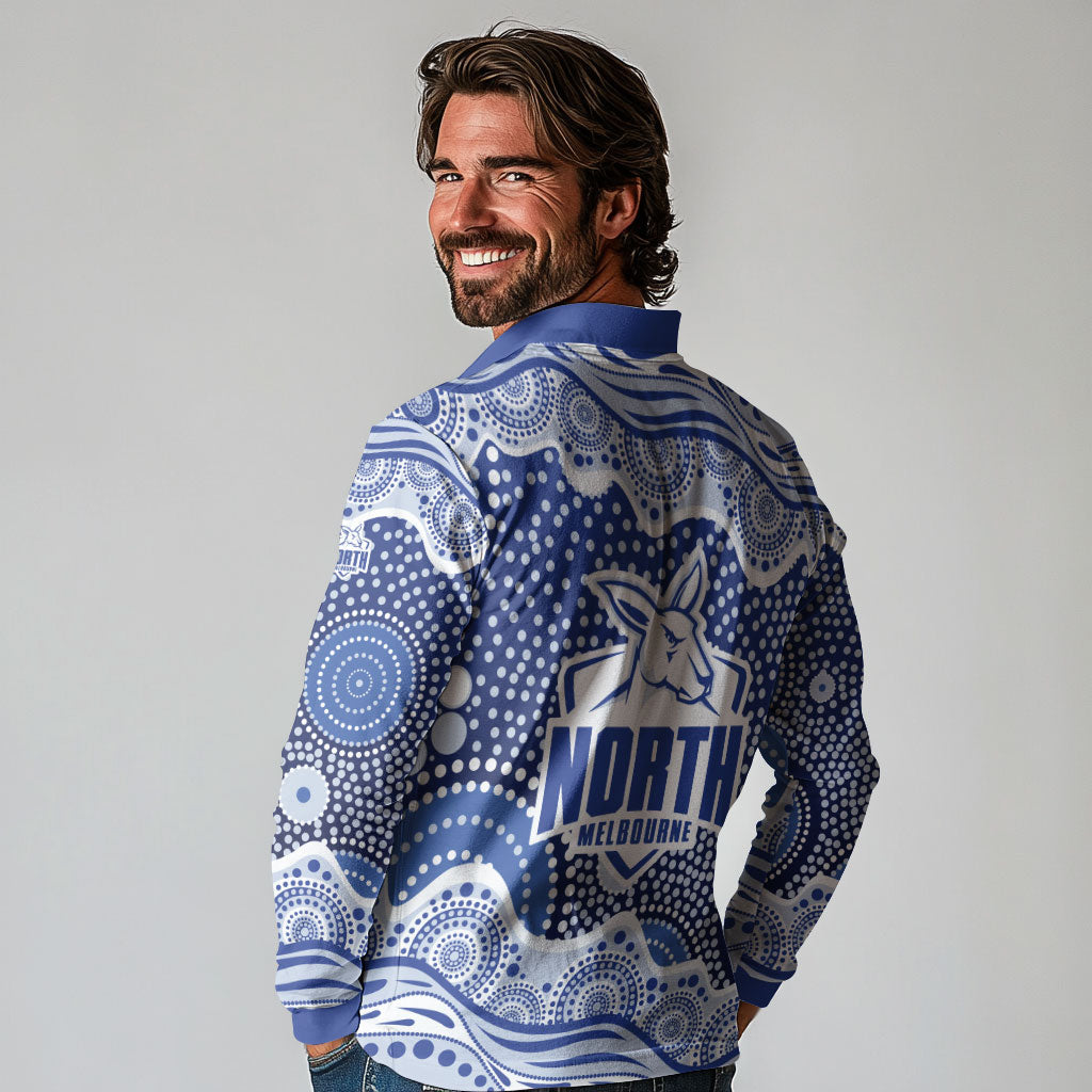 North Melbourne Kangaroos Long Sleeve Polo Shirt Aboriginal Dot Pattern - Football Mascot Heritage Pride