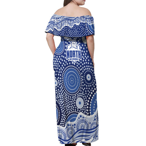 North Melbourne Kangaroos Off Shoulder Maxi Dress Aboriginal Dot Pattern - Football Mascot Heritage Pride