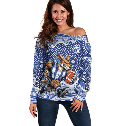 North Melbourne Kangaroos Off Shoulder Sweater Aboriginal Dot Pattern - Football Mascot Heritage Pride
