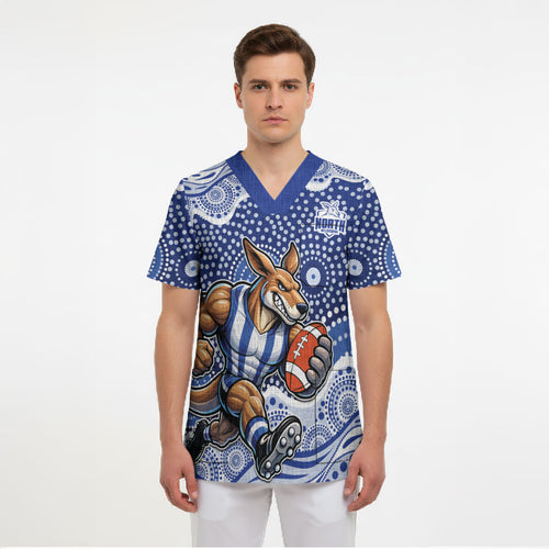North Melbourne Kangaroos Scrub Top Aboriginal Dot Pattern - Football Mascot Heritage Pride