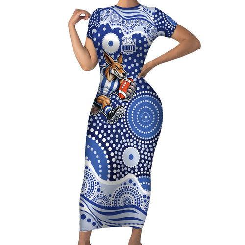 North Melbourne Kangaroos Short Sleeve Bodycon Dress Aboriginal Dot Pattern - Football Mascot Heritage Pride