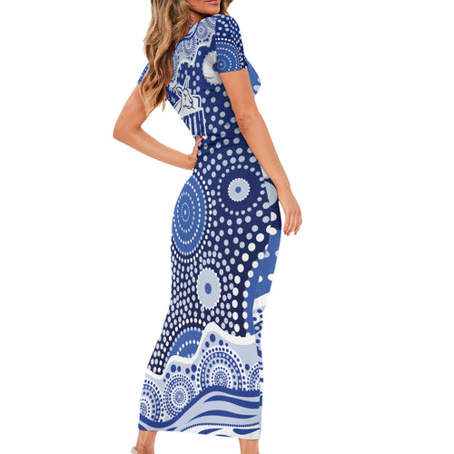 North Melbourne Kangaroos Short Sleeve Bodycon Dress Aboriginal Dot Pattern - Football Mascot Heritage Pride