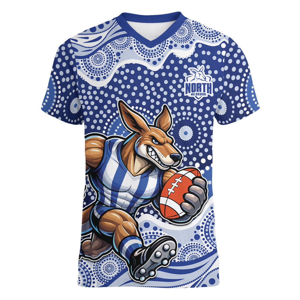North Melbourne Kangaroos Women V-Neck T-Shirt Aboriginal Dot Pattern - Football Mascot Heritage Pride