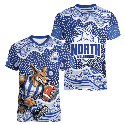 North Melbourne Kangaroos Women V-Neck T-Shirt Aboriginal Dot Pattern - Football Mascot Heritage Pride
