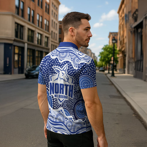 North Melbourne Kangaroos Zipper Polo Shirt Aboriginal Dot Pattern - Football Mascot Heritage Pride