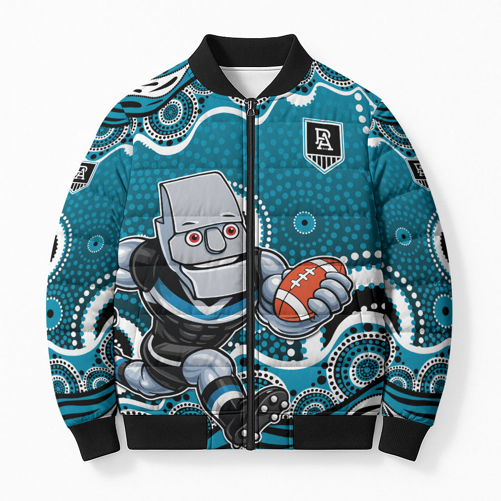 Port Adelaide Power Bomber Puffer Jacket Aboriginal Dot Pattern - Football Mascot Heritage Pride