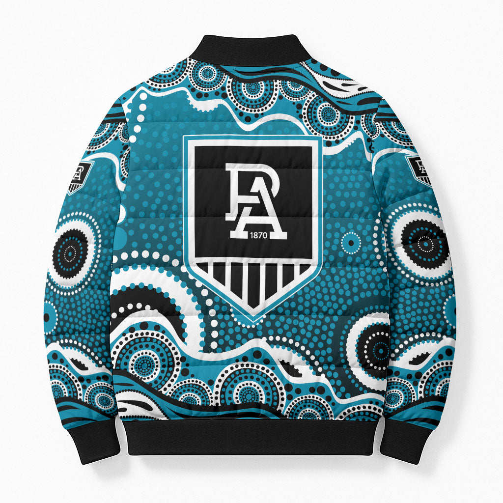 Port Adelaide Power Bomber Puffer Jacket Aboriginal Dot Pattern - Football Mascot Heritage Pride