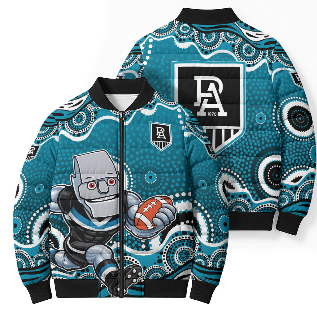 Port Adelaide Power Bomber Puffer Jacket Aboriginal Dot Pattern - Football Mascot Heritage Pride