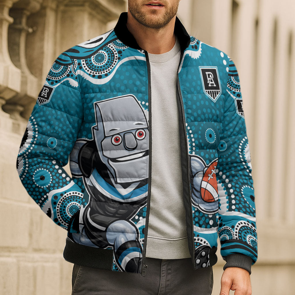 Port Adelaide Power Bomber Puffer Jacket Aboriginal Dot Pattern - Football Mascot Heritage Pride
