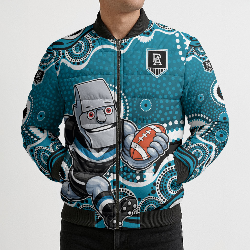 Port Adelaide Power Bomber Puffer Jacket Aboriginal Dot Pattern - Football Mascot Heritage Pride