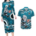 Port Adelaide Power Couples Matching Long Sleeve Bodycon Dress and Hawaiian Shirt Aboriginal Dot Pattern - Football Mascot Heritage Pride