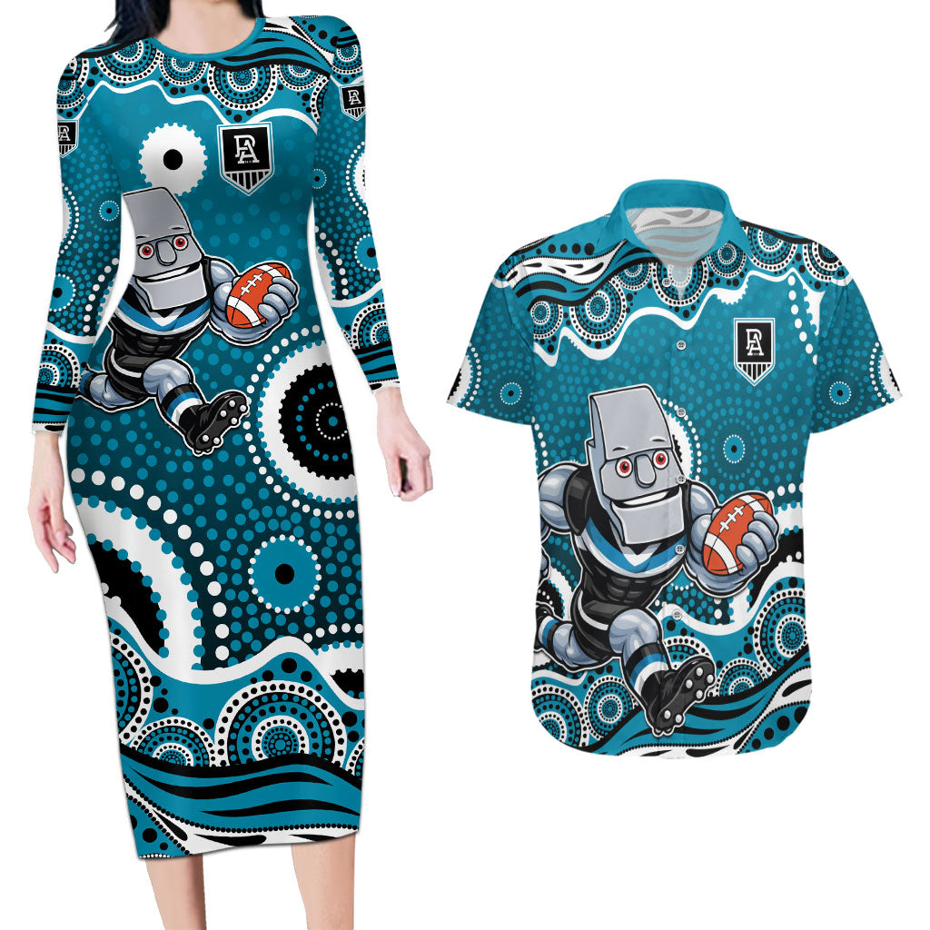Port Adelaide Power Couples Matching Long Sleeve Bodycon Dress and Hawaiian Shirt Aboriginal Dot Pattern - Football Mascot Heritage Pride