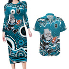 Port Adelaide Power Couples Matching Long Sleeve Bodycon Dress and Hawaiian Shirt Aboriginal Dot Pattern - Football Mascot Heritage Pride