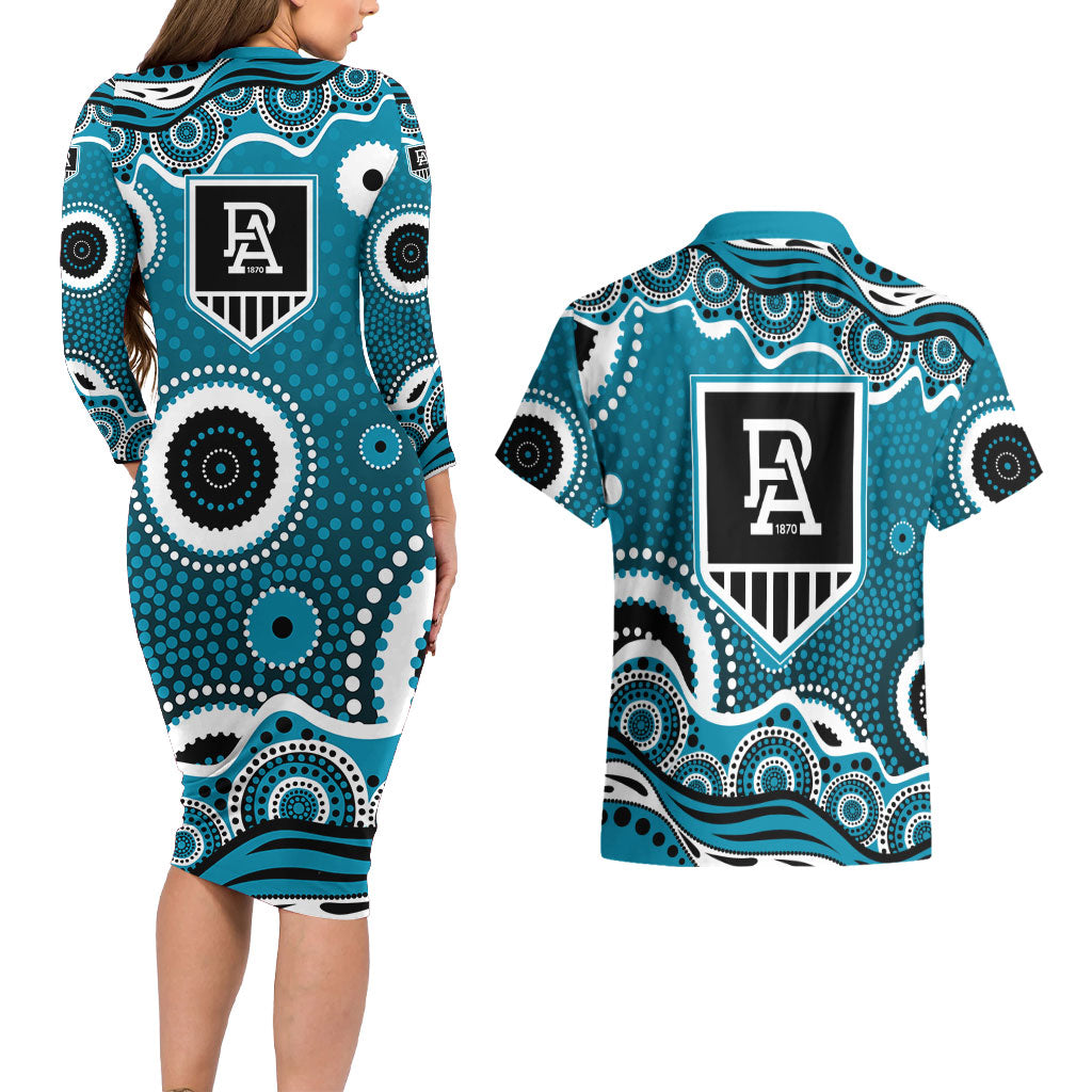 Port Adelaide Power Couples Matching Long Sleeve Bodycon Dress and Hawaiian Shirt Aboriginal Dot Pattern - Football Mascot Heritage Pride