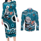 Port Adelaide Power Couples Matching Long Sleeve Bodycon Dress and Long Sleeve Button Shirt Aboriginal Dot Pattern - Football Mascot Heritage Pride
