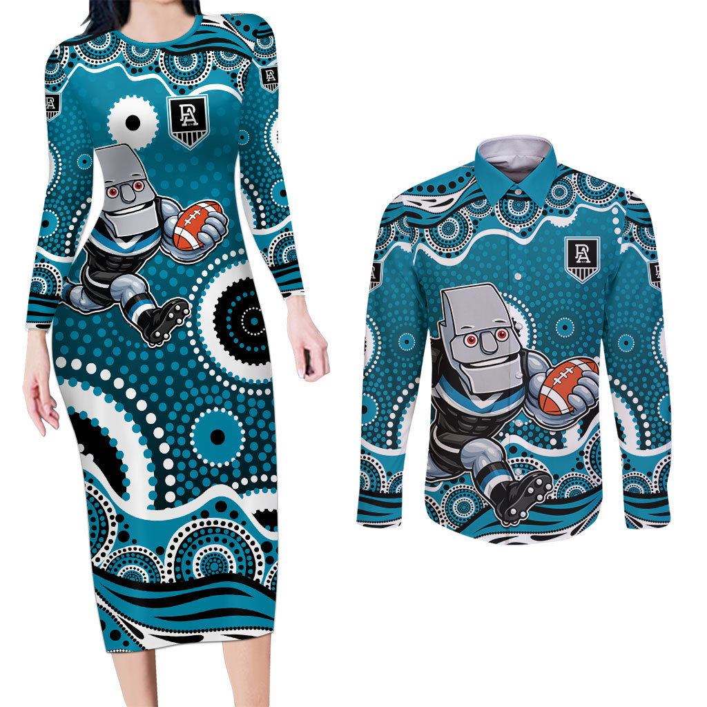 Port Adelaide Power Couples Matching Long Sleeve Bodycon Dress and Long Sleeve Button Shirt Aboriginal Dot Pattern - Football Mascot Heritage Pride