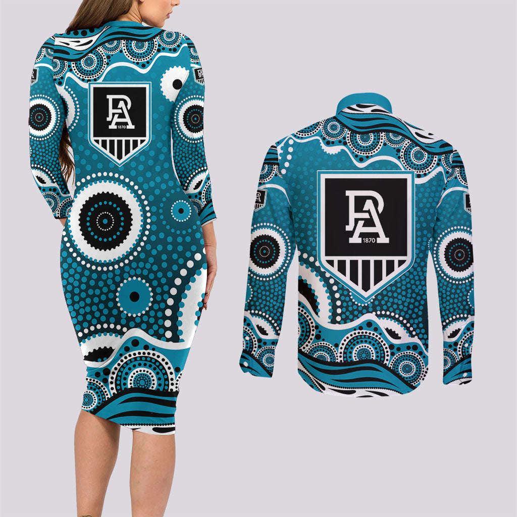 Port Adelaide Power Couples Matching Long Sleeve Bodycon Dress and Long Sleeve Button Shirt Aboriginal Dot Pattern - Football Mascot Heritage Pride