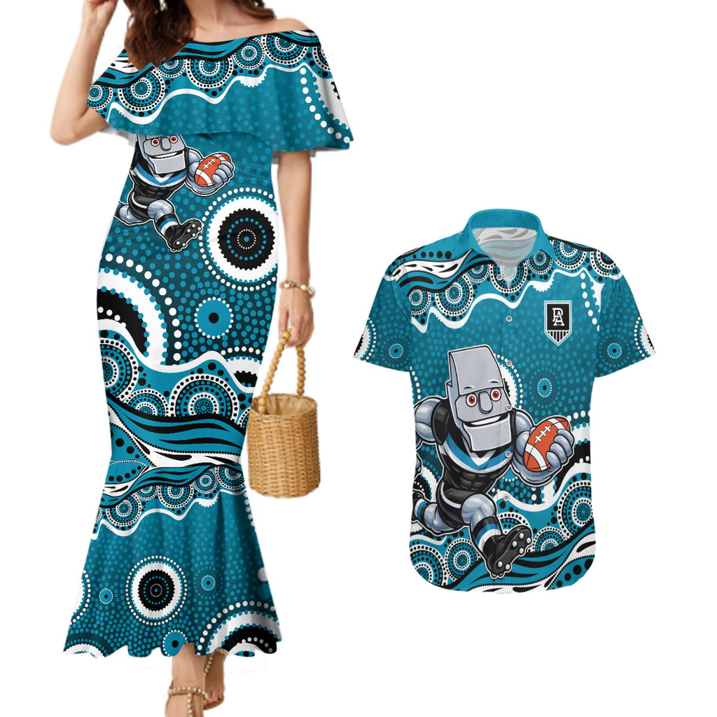 Port Adelaide Power Couples Matching Mermaid Dress and Hawaiian Shirt Aboriginal Dot Pattern - Football Mascot Heritage Pride