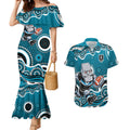 Port Adelaide Power Couples Matching Mermaid Dress and Hawaiian Shirt Aboriginal Dot Pattern - Football Mascot Heritage Pride
