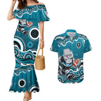 Port Adelaide Power Couples Matching Mermaid Dress and Hawaiian Shirt Aboriginal Dot Pattern - Football Mascot Heritage Pride