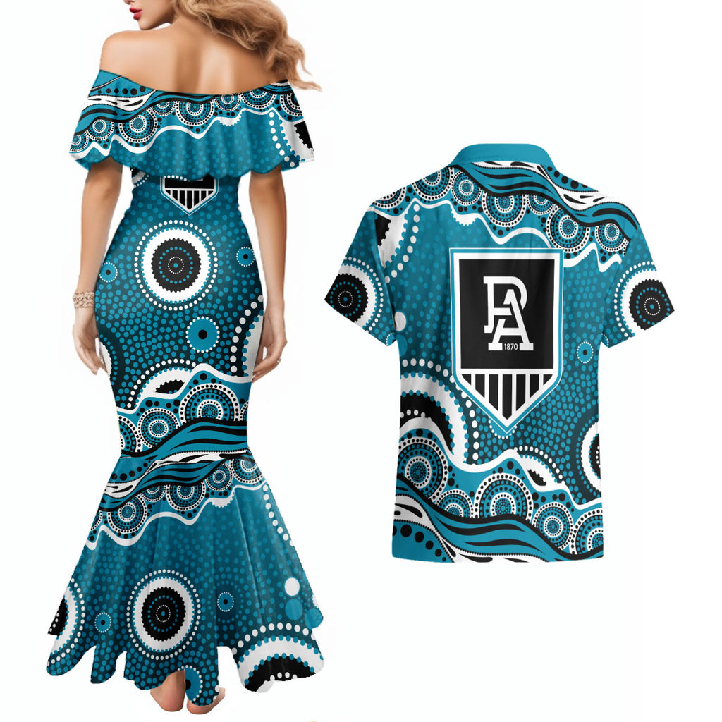 Port Adelaide Power Couples Matching Mermaid Dress and Hawaiian Shirt Aboriginal Dot Pattern - Football Mascot Heritage Pride