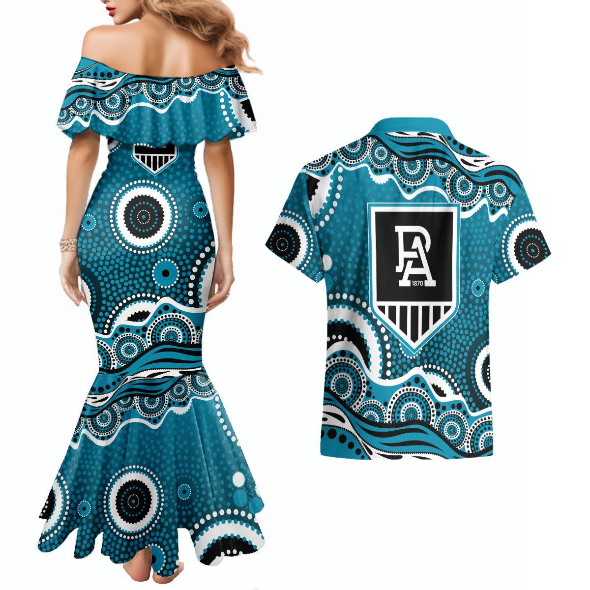 Port Adelaide Power Couples Matching Mermaid Dress and Hawaiian Shirt Aboriginal Dot Pattern - Football Mascot Heritage Pride